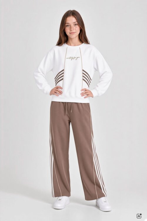 Kahverengi Kız Çocuk Şeritli Sweatshirt Geniş Paça Eşofman Takımı  24682