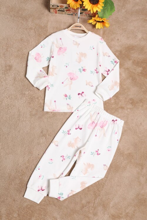 Kız Çocuk Ekru Karakter Baskılı Pijama Takımı 25041