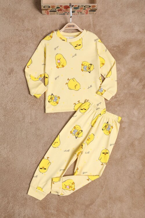 Kız Çocuk Sarı Civciv Desenli Lastikli Pijama Takımı 25040