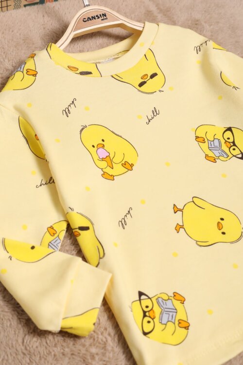 Kız Çocuk Sarı Civciv Desenli Lastikli Pijama Takımı 25040