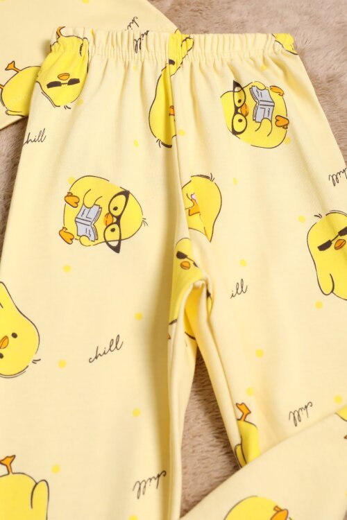 Kız Çocuk Sarı Civciv Desenli Lastikli Pijama Takımı 25040