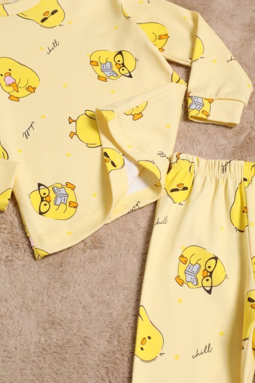 Kız Çocuk Sarı Civciv Desenli Lastikli Pijama Takımı 25040