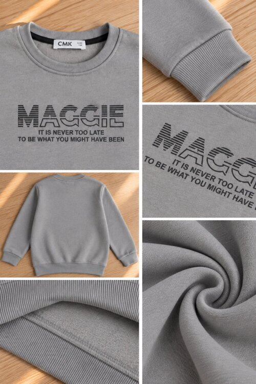 Koyu Gri Erkek Çocuk Yazı Baskılı Bisiklet Yaka Şardonlu Uzun Kol Sweatshirt 24967
