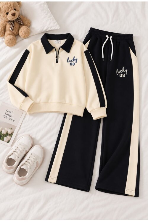 Krem Polo Yaka Yarım Fermuarlı Sweatshirt Geniş Paça Eşofmanlı Kız Çocuk Takım 25102