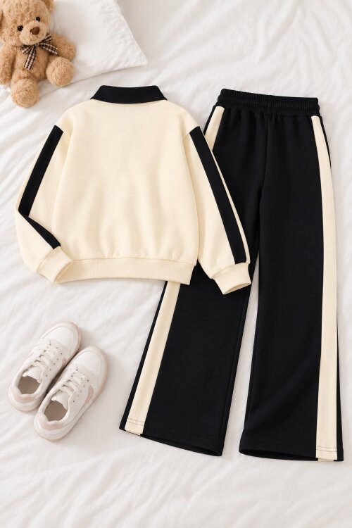 Krem Polo Yaka Yarım Fermuarlı Sweatshirt Geniş Paça Eşofmanlı Kız Çocuk Takım 25102