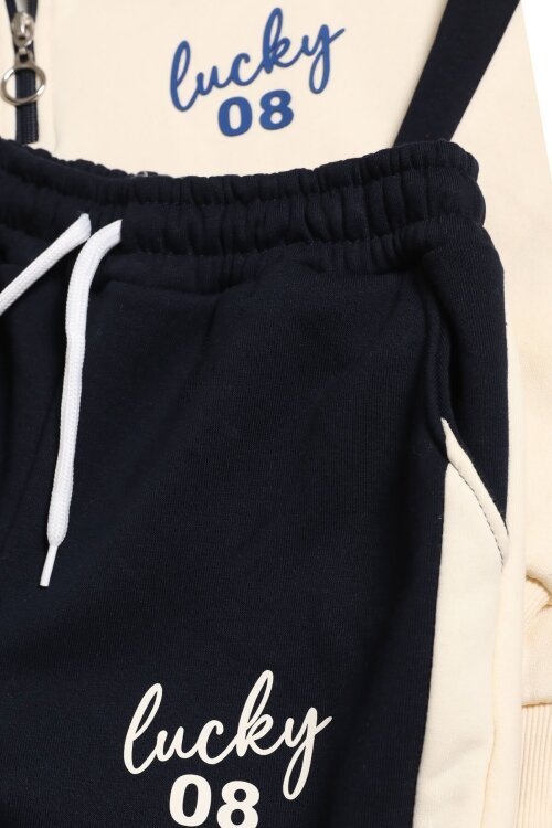 Krem Polo Yaka Yarım Fermuarlı Sweatshirt Geniş Paça Eşofmanlı Kız Çocuk Takım 25102