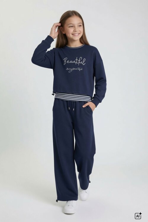 Lacivert Kız Çocuk Çizgili Croplu Sweatshirt 3lü Geniş Paça Eşofman Takımı 24776