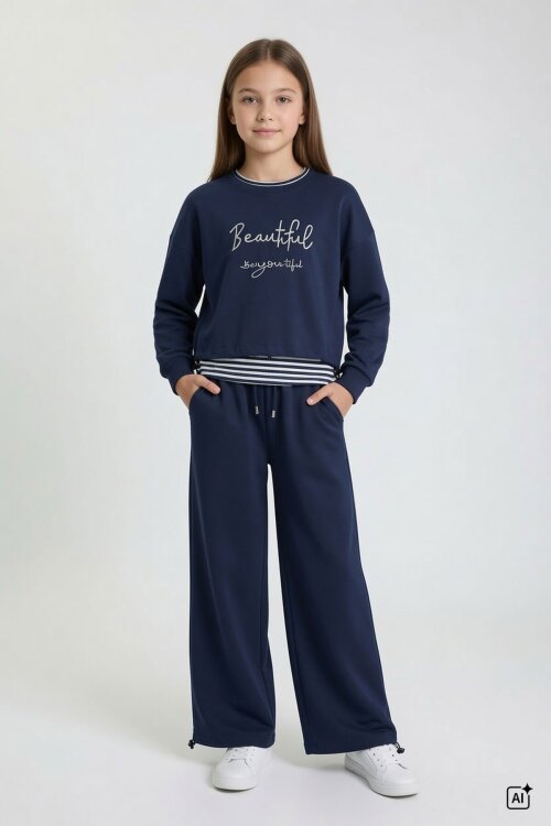 Lacivert Kız Çocuk Çizgili Croplu Sweatshirt 3lü Geniş Paça Eşofman Takımı 24776