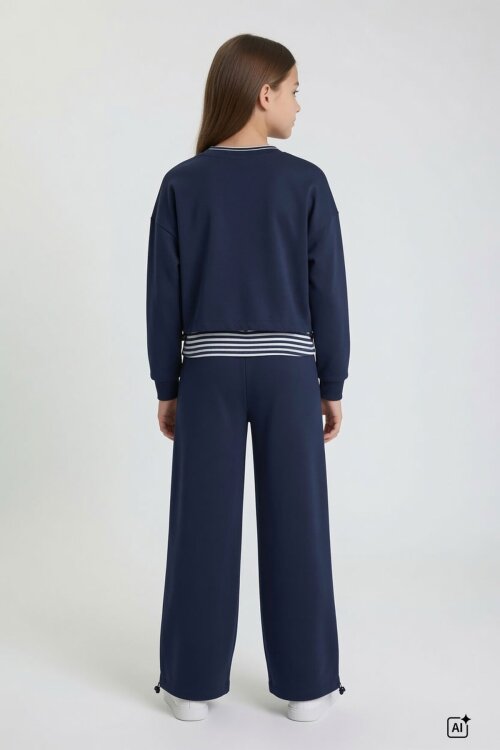 Lacivert Kız Çocuk Çizgili Croplu Sweatshirt 3lü Geniş Paça Eşofman Takımı 24776