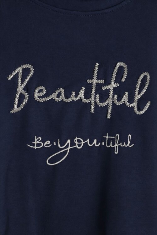 Lacivert Kız Çocuk Çizgili Croplu Sweatshirt 3lü Geniş Paça Eşofman Takımı 24776
