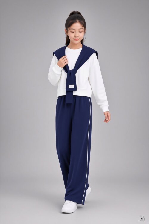 Lacivert Kız Çocuk Omuz Bağlama Detaylı Sweatshirt Geniş Paça Pantolonlu 2li Takım 24759