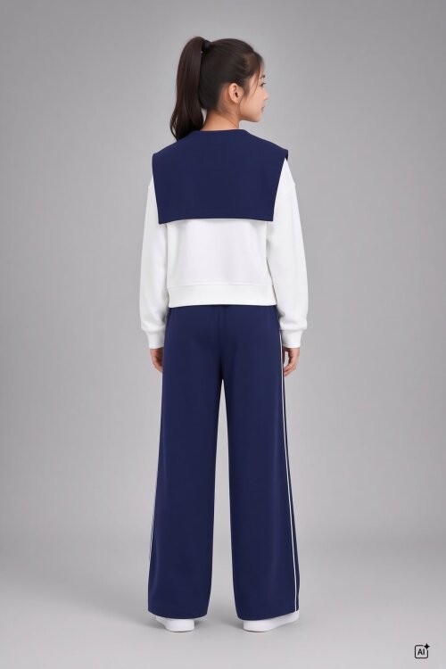 Lacivert Kız Çocuk Omuz Bağlama Detaylı Sweatshirt Geniş Paça Pantolonlu 2li Takım 24759