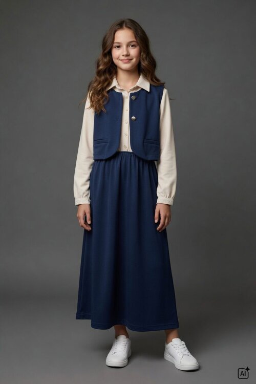 Lacivert Kız Çocuk Sıfır Kol Yelekli Gömlek Yaka Elbise Takımı 24751