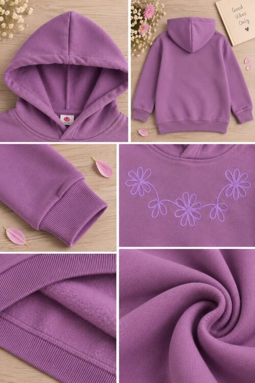 Lila Kız Çocuk Çiçek Nakışlı Kapüşonlu 3 İplik Sweatshirt 24986