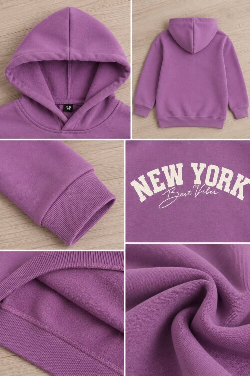 Lila Kız Çocuk New York Baskılı 3 İplik Kapüşonlu Sweatshirt 24992
