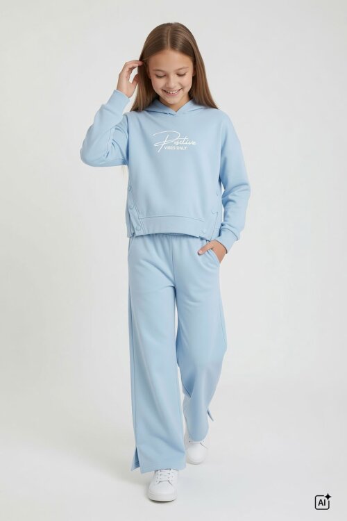 Mavi Kız Çocuk Çıtçıt Detaylı Kabartmalı Sweatshirt Geniş Paça 2li Eşofman Takımı 24763