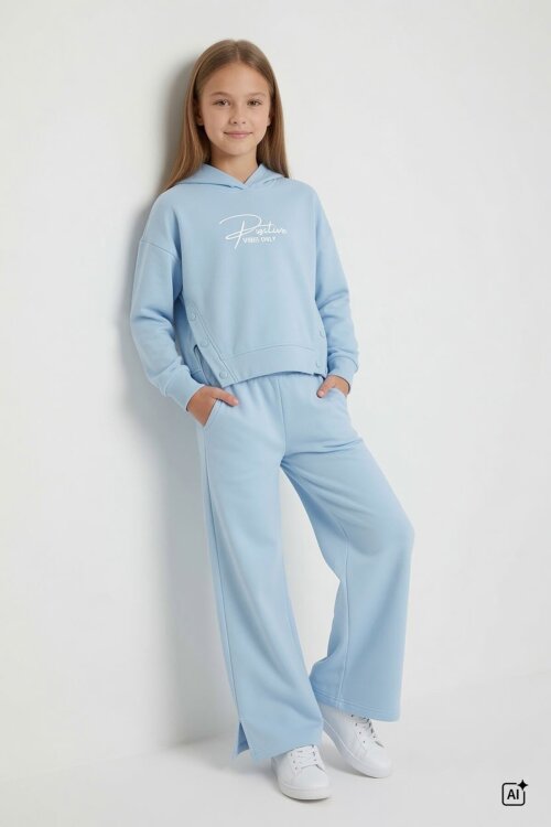 Mavi Kız Çocuk Çıtçıt Detaylı Kabartmalı Sweatshirt Geniş Paça 2li Eşofman Takımı 24763
