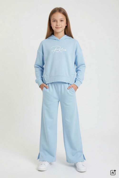 Mavi Kız Çocuk Çıtçıt Detaylı Kabartmalı Sweatshirt Geniş Paça 2li Eşofman Takımı 24763