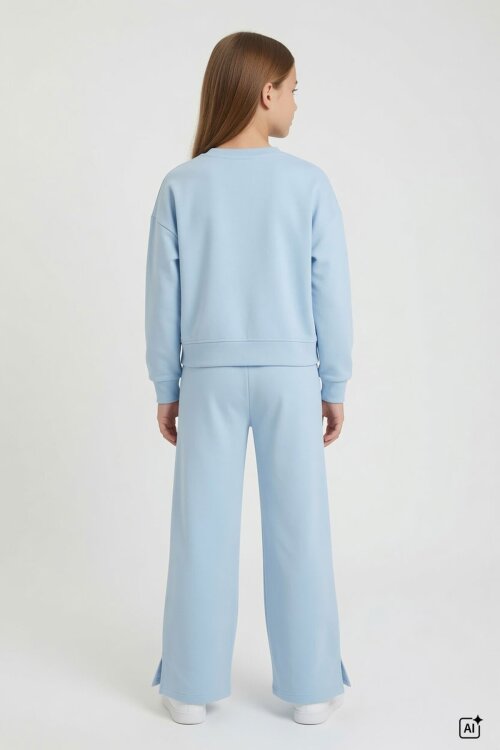 Mavi Kız Çocuk Çıtçıt Detaylı Kabartmalı Sweatshirt Geniş Paça 2li Eşofman Takımı 24763