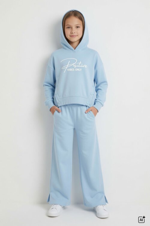 Mavi Kız Çocuk Çıtçıt Detaylı Kabartmalı Sweatshirt Geniş Paça 2li Eşofman Takımı 24763