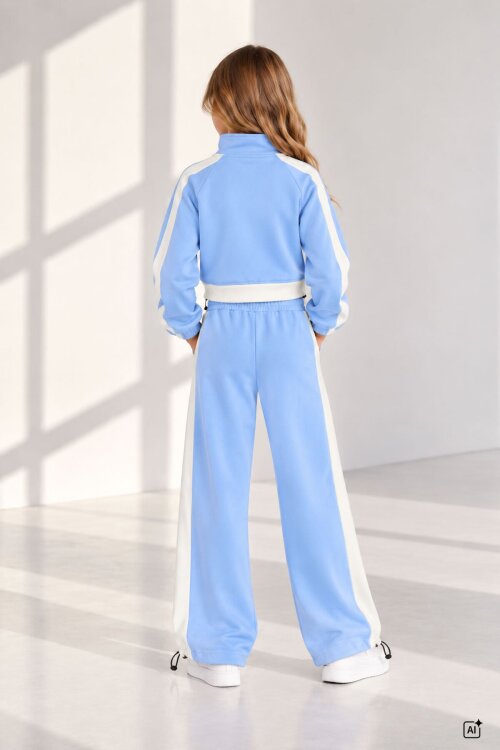 Mavi Kız Çocuk Fermuar Yaka Crop Sweatshirt Şeritli Geniş Paça Eşofman Takımı 24943