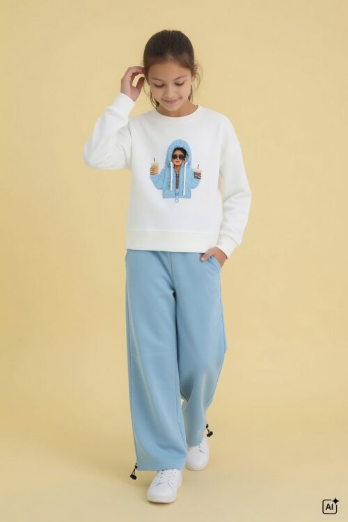 Mavi Kız Çocuk Hoodie Detaylı Sweatshirt Geniş Paça Eşofman Takımı 24780