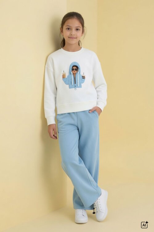 Mavi Kız Çocuk Hoodie Detaylı Sweatshirt Geniş Paça Eşofman Takımı 24780
