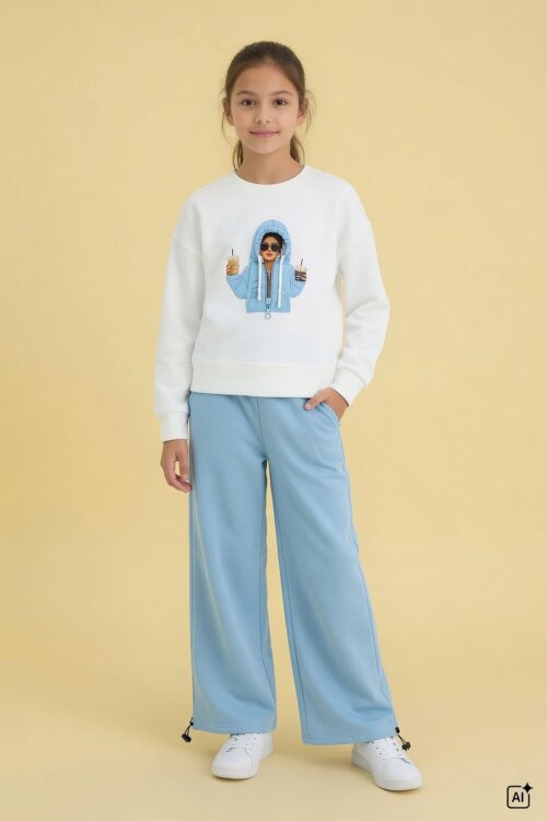Mavi Kız Çocuk Hoodie Detaylı Sweatshirt Geniş Paça Eşofman Takımı 24780