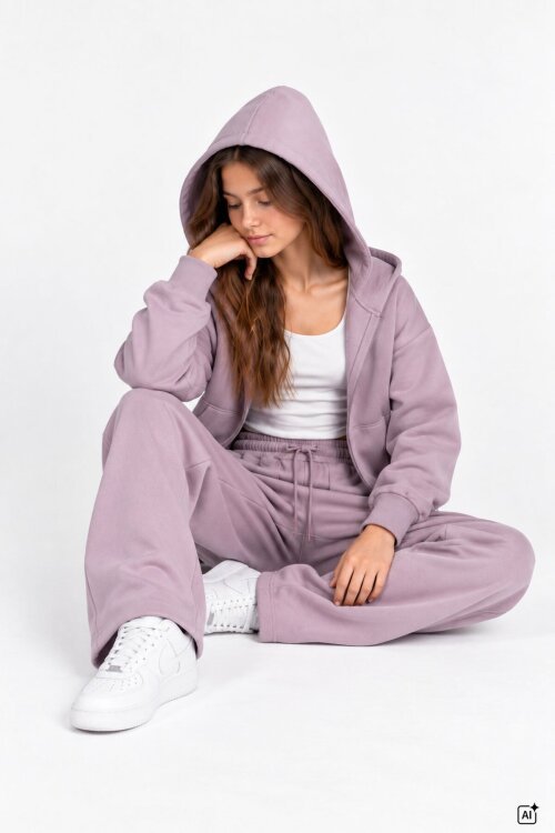 Pembe Kız Çocuk Basic Kapüşonlu 3 İplik Şardonlu Geniş Paça Eşofman Takımı 24910