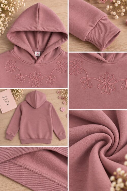 Pembe Kız Çocuk Çiçek Nakışlı Kapüşonlu 3 İplik Sweatshirt 24984