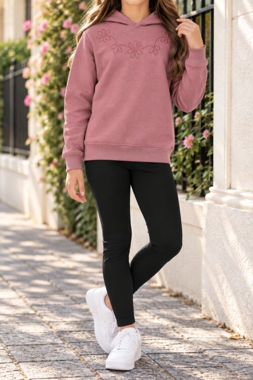 Pembe Kız Çocuk Çiçek Nakışlı Kapüşonlu 3 İplik Sweatshirt 24984