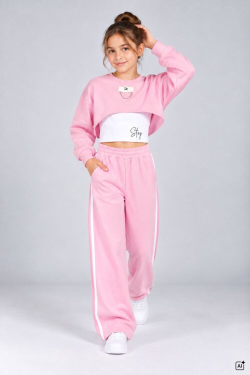 Pembe Kız Çocuk Crop Badili Zincir Detaylı Geniş Paça 3lü Takım 24999
