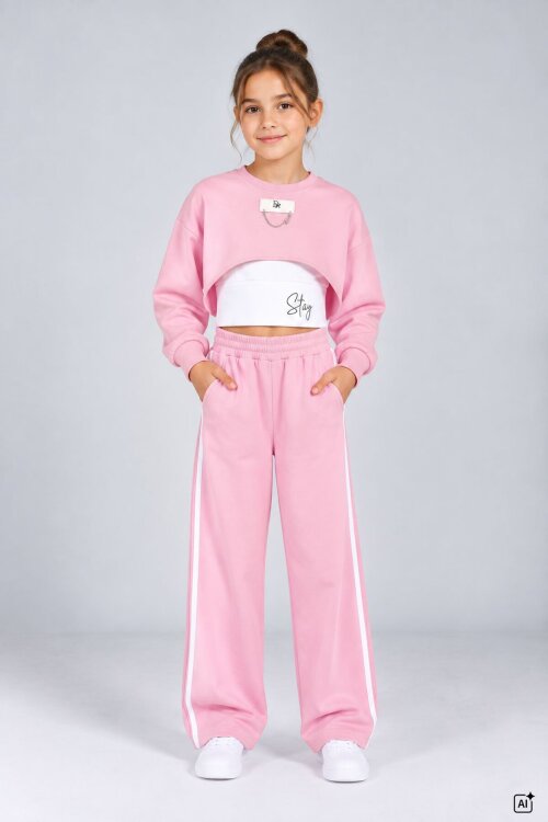 Pembe Kız Çocuk Crop Badili Zincir Detaylı Geniş Paça 3lü Takım 24999