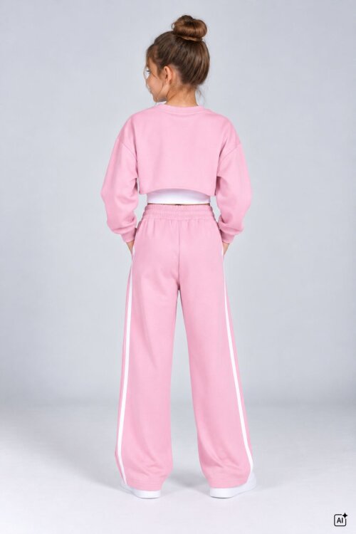 Pembe Kız Çocuk Crop Badili Zincir Detaylı Geniş Paça 3lü Takım 24999