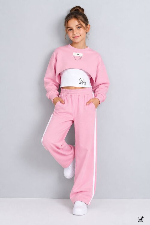 Pembe Kız Çocuk Crop Badili Zincir Detaylı Geniş Paça 3lü Takım 24999