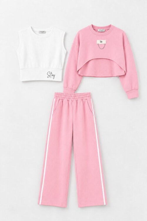Pembe Kız Çocuk Crop Badili Zincir Detaylı Geniş Paça 3lü Takım 24999