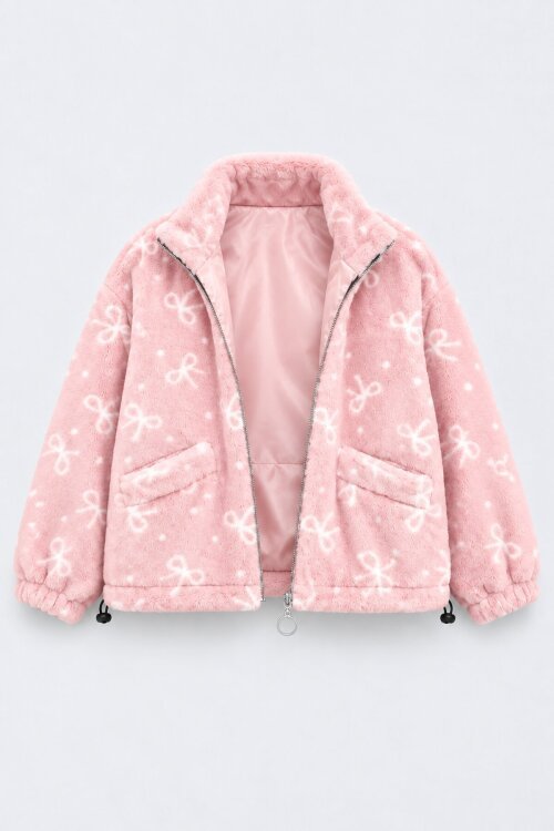 Pembe Kız Çocuk Desenli Dik Yaka Fermuarlı Peluş Mont 25025