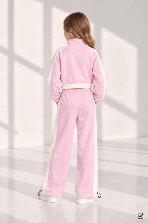 Pembe Kız Çocuk Fermuar Yaka Crop Sweatshirt Şeritli Geniş Paça Eşofman Takımı 24942
