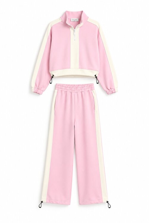 Pembe Kız Çocuk Fermuar Yaka Crop Sweatshirt Şeritli Geniş Paça Eşofman Takımı 24942