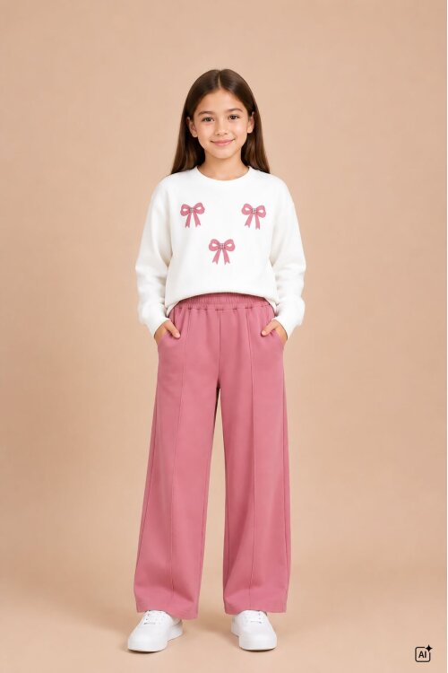 Pembe Kız Çocuk Fiyonk Desenli Sweatshirt Geniş Paça Eşofman Takımı 24824