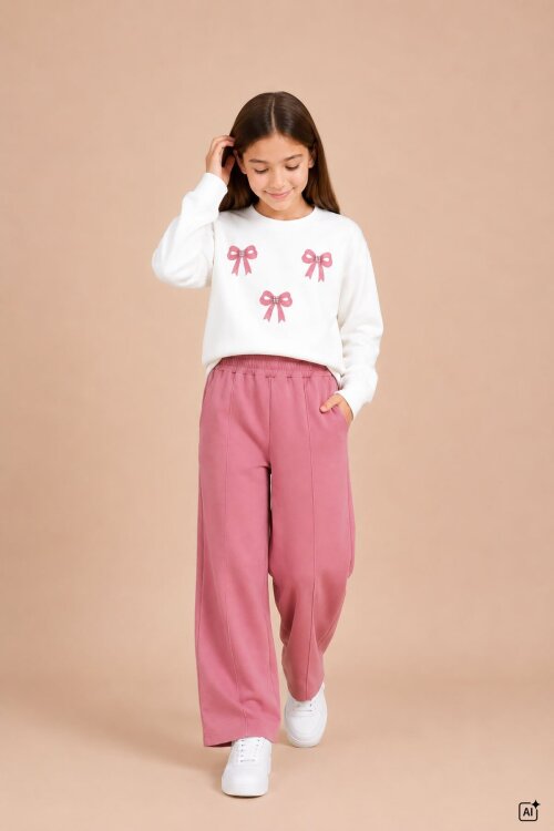 Pembe Kız Çocuk Fiyonk Desenli Sweatshirt Geniş Paça Eşofman Takımı 24824