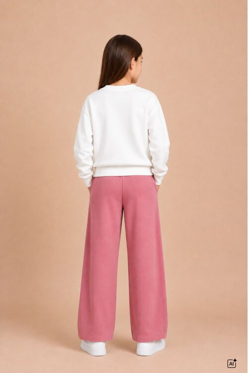 Pembe Kız Çocuk Fiyonk Desenli Sweatshirt Geniş Paça Eşofman Takımı 24824