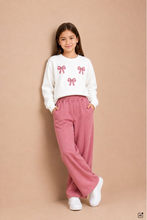 Pembe Kız Çocuk Fiyonk Desenli Sweatshirt Geniş Paça Eşofman Takımı 24824