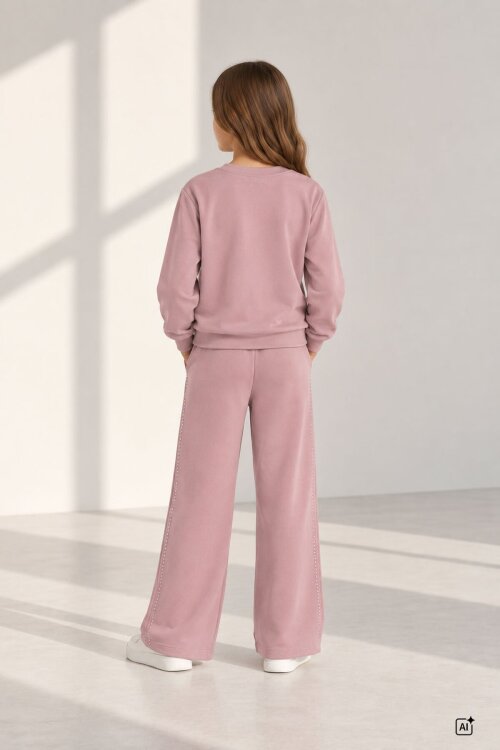 Pembe Kız Çocuk Geniş Paça Pantolonlu Taş Detaylı Badili Eşofman Takımı 24951