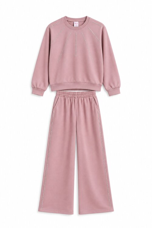 Pembe Kız Çocuk Geniş Paça Pantolonlu Taş Detaylı Badili Eşofman Takımı 24951