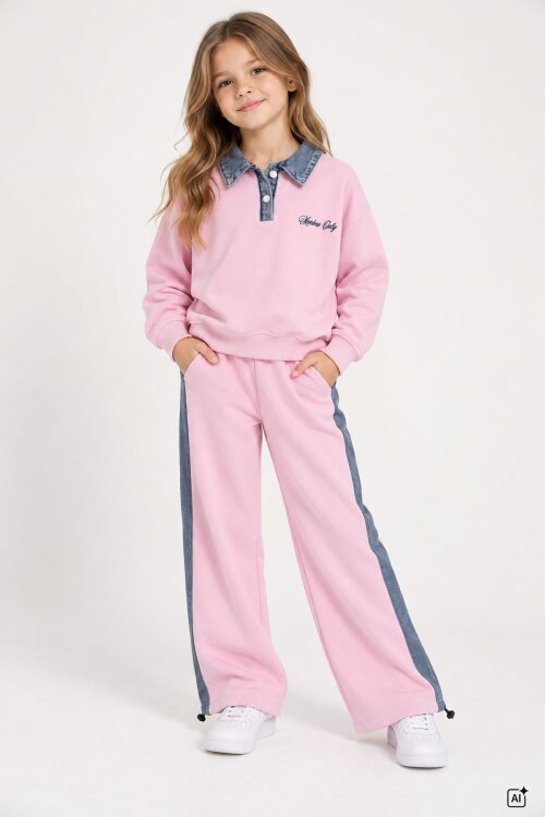 Pembe Kız Çocuk Jean Yaka Detaylı Badili Lastikli Paça Pantolonlu Takım 24981