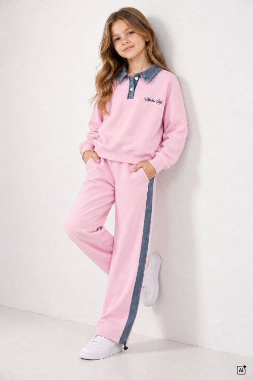 Pembe Kız Çocuk Jean Yaka Detaylı Badili Lastikli Paça Pantolonlu Takım 24981