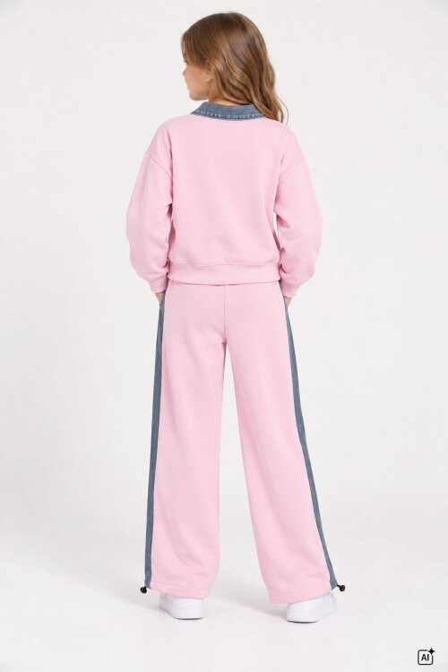Pembe Kız Çocuk Jean Yaka Detaylı Badili Lastikli Paça Pantolonlu Takım 24981