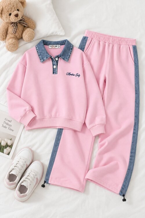 Pembe Kız Çocuk Jean Yaka Detaylı Badili Lastikli Paça Pantolonlu Takım 24981