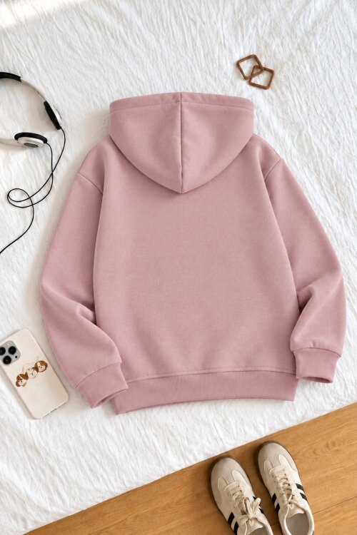 Pembe Kız Çocuk Kelebek Nakışlı Şardonlu Kapüşonlu Sweatshirt  25028